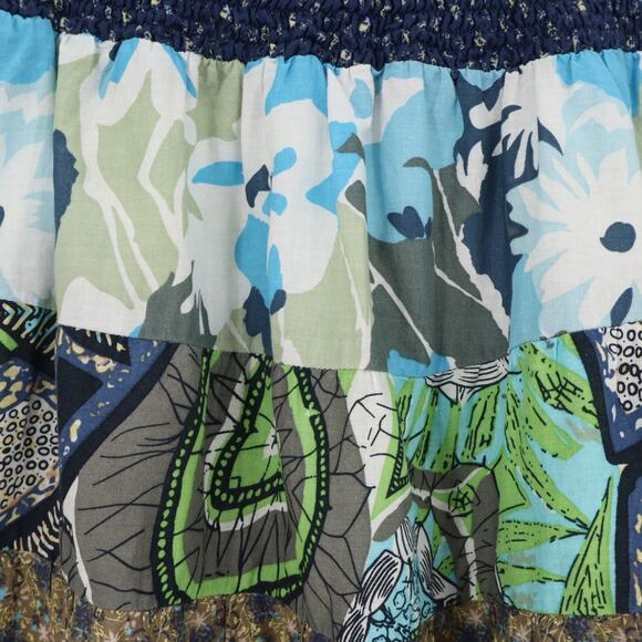 Boho Patchwork Tiered Mini Skirt Cottage Peasant 70s Smocked Waist Floral Size S - Picture 2 of 10